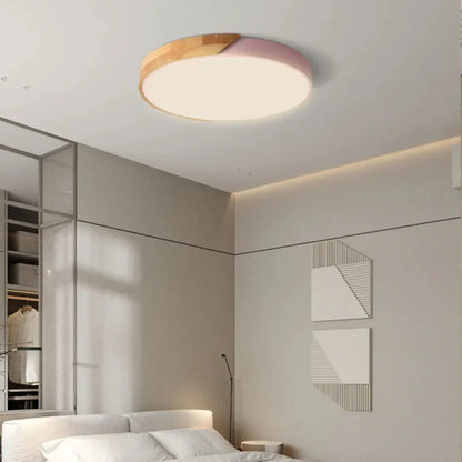 Plafoniera LED scandinava in legno a soffitto, pannello rotondo sottile