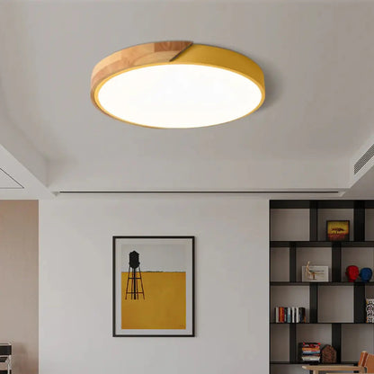 Plafoniera LED scandinava in legno a soffitto, pannello rotondo sottile