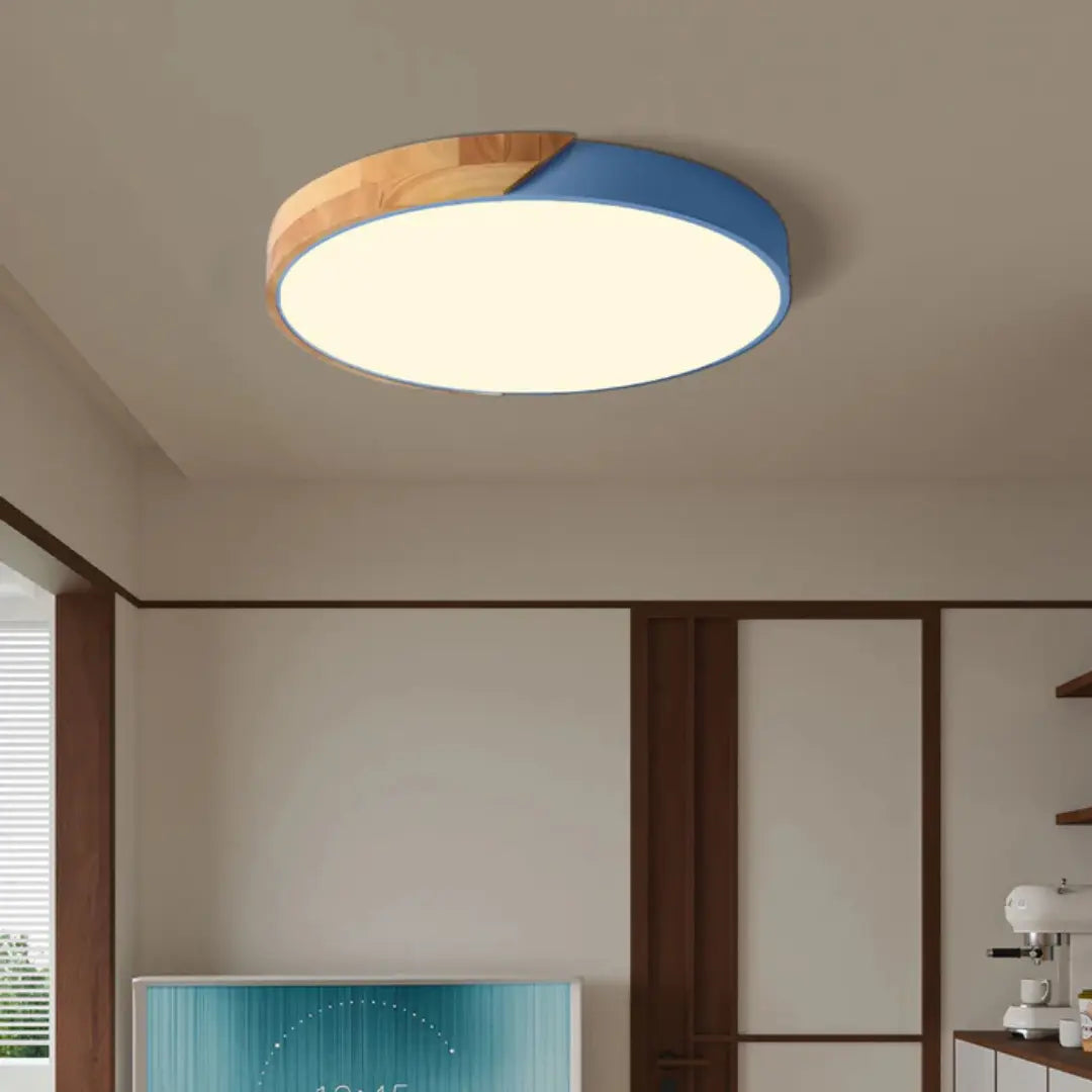 Plafoniera LED scandinava in legno a soffitto, pannello rotondo sottile