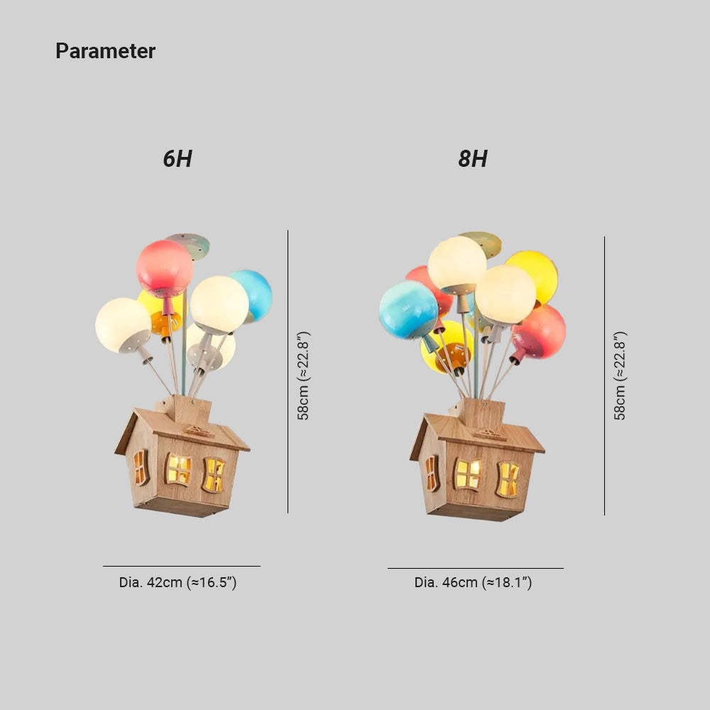 Plafoniera per cameretta con palloncini colorati e casetta in legno e acrilico