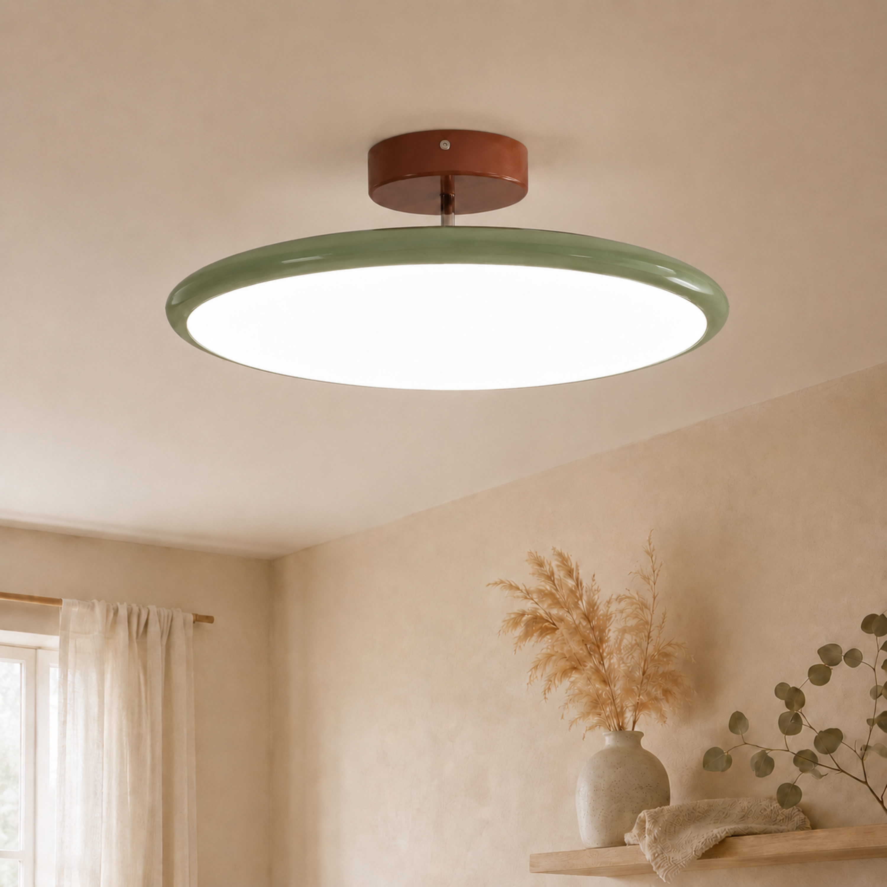 Plafoniera rotonda dimmerabile a luce verso il basso con telecomando, beige, bianco o verde