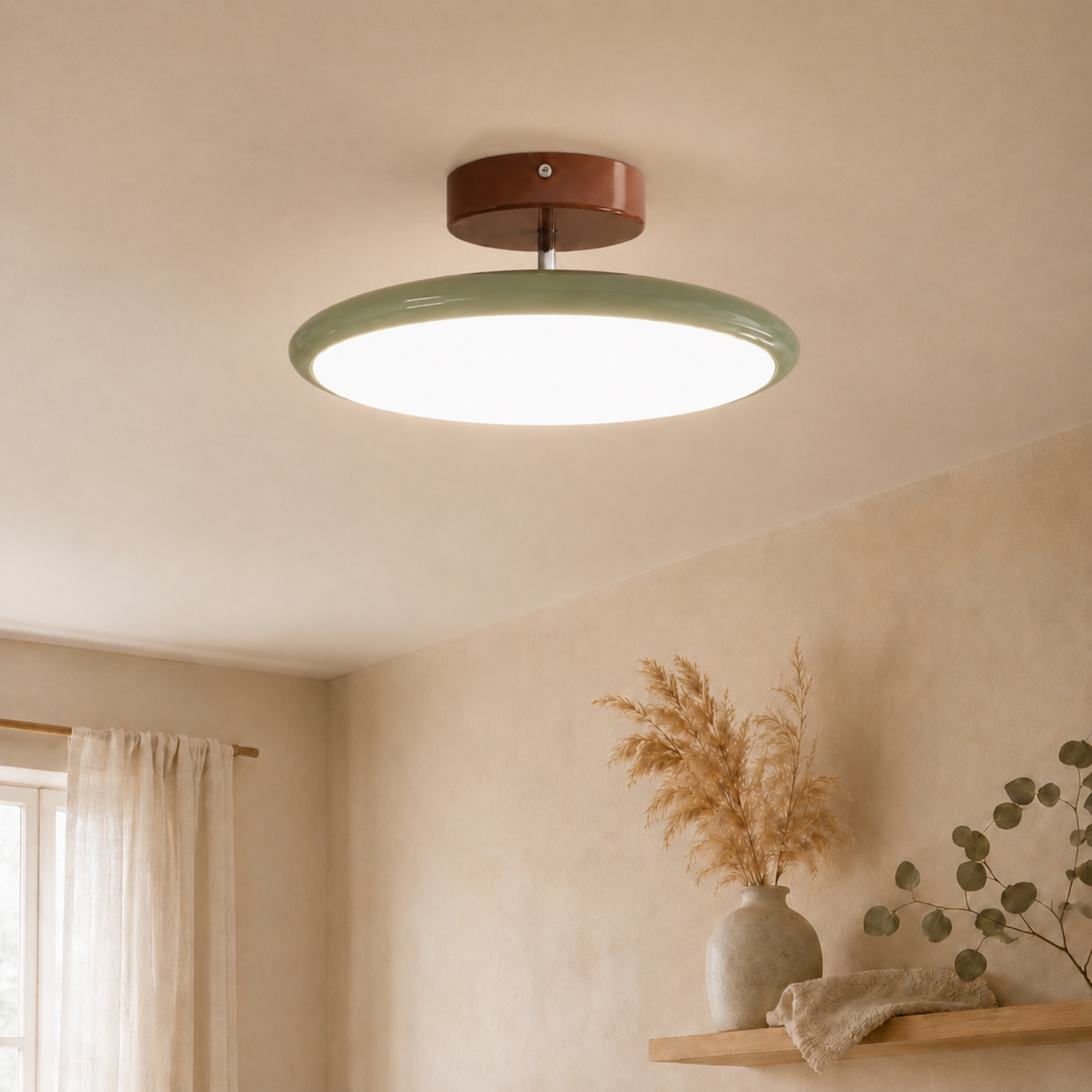 Plafoniera rotonda dimmerabile a luce verso il basso con telecomando, beige, bianco o verde