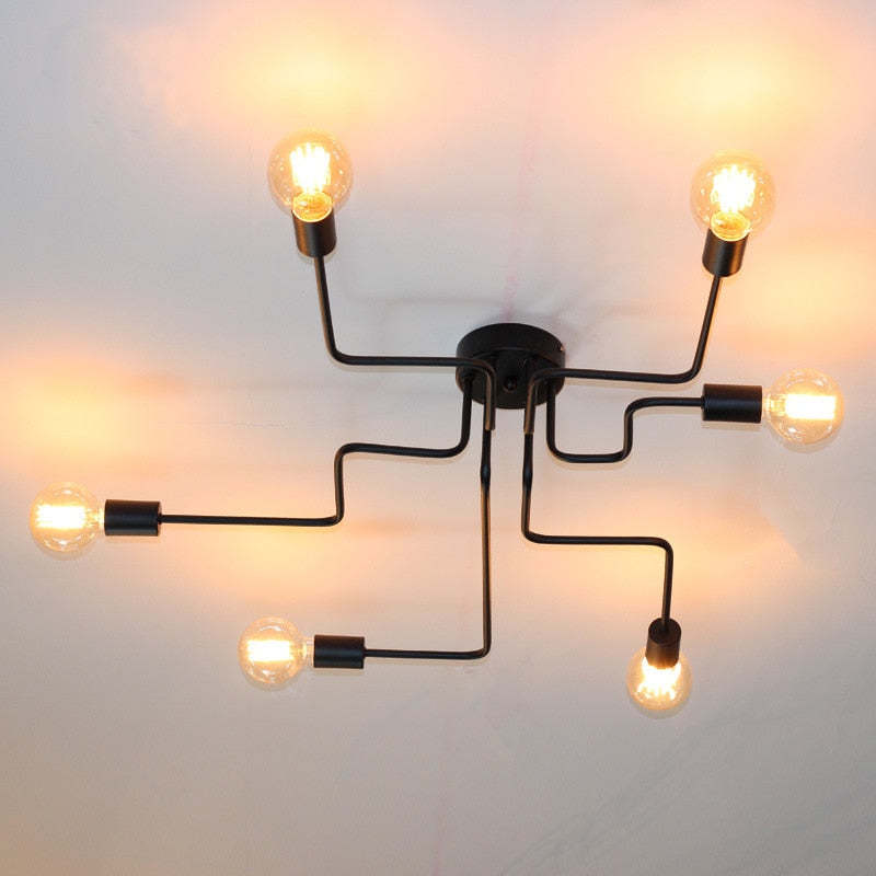 Plafoniera sputnik in metallo nero a più bracci con lampadine a vista, industriale mid century