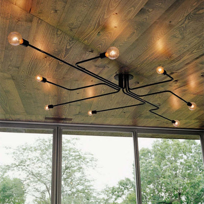 Plafoniera sputnik in metallo nero a più bracci con lampadine a vista, industriale mid century