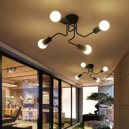 Plafoniera sputnik in metallo nero a più bracci con lampadine a vista, industriale mid century