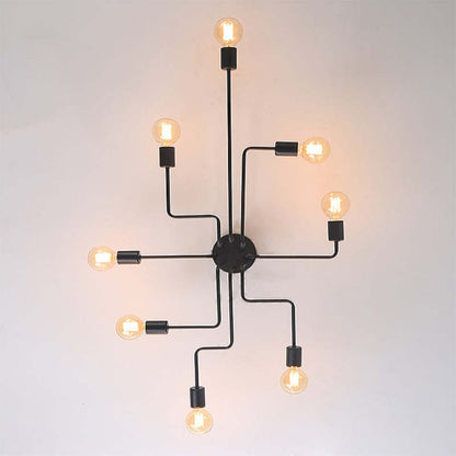 Plafoniera sputnik in metallo nero a più bracci con lampadine a vista, industriale mid century
