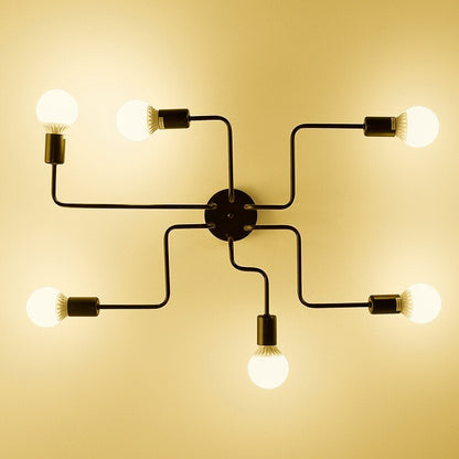 Plafoniera sputnik in metallo nero a più bracci con lampadine a vista, industriale mid century