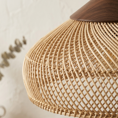 Plafoniera vintage in rattan, legno e alluminio per soggiorno e camera da letto
