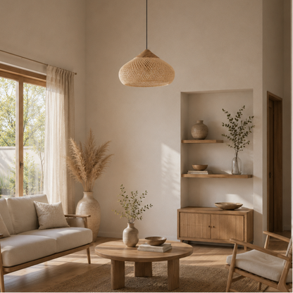 Plafoniera vintage in rattan, legno e alluminio per soggiorno e camera da letto