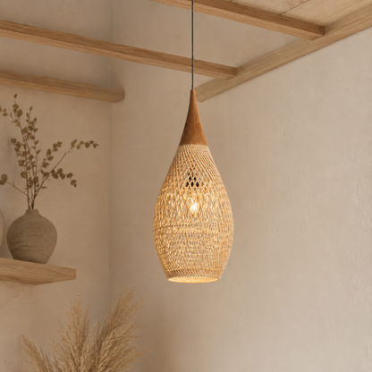 Plafoniera vintage in rattan, legno e alluminio per soggiorno e camera da letto
