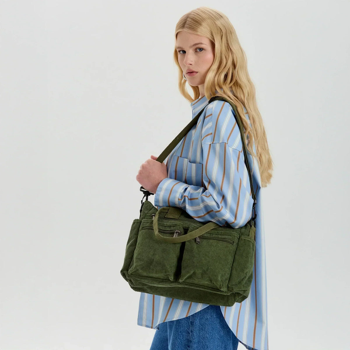 Romea borsa a tracolla donna in velluto a coste con tasche frontali, foto 5