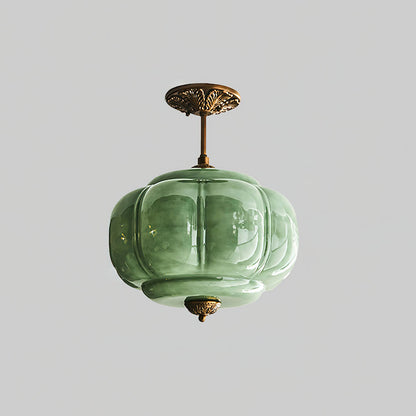Semi plafoniera in vetro verde con globo rigato e finitura oro, stile vintage