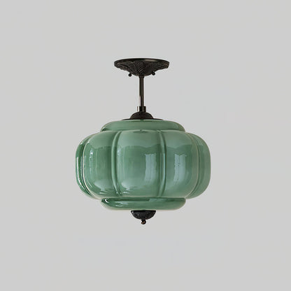 Semi plafoniera in vetro verde con globo rigato e finitura oro, stile vintage