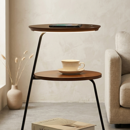 Tavolino a due livelli in noce con luce integrata e ricarica wireless