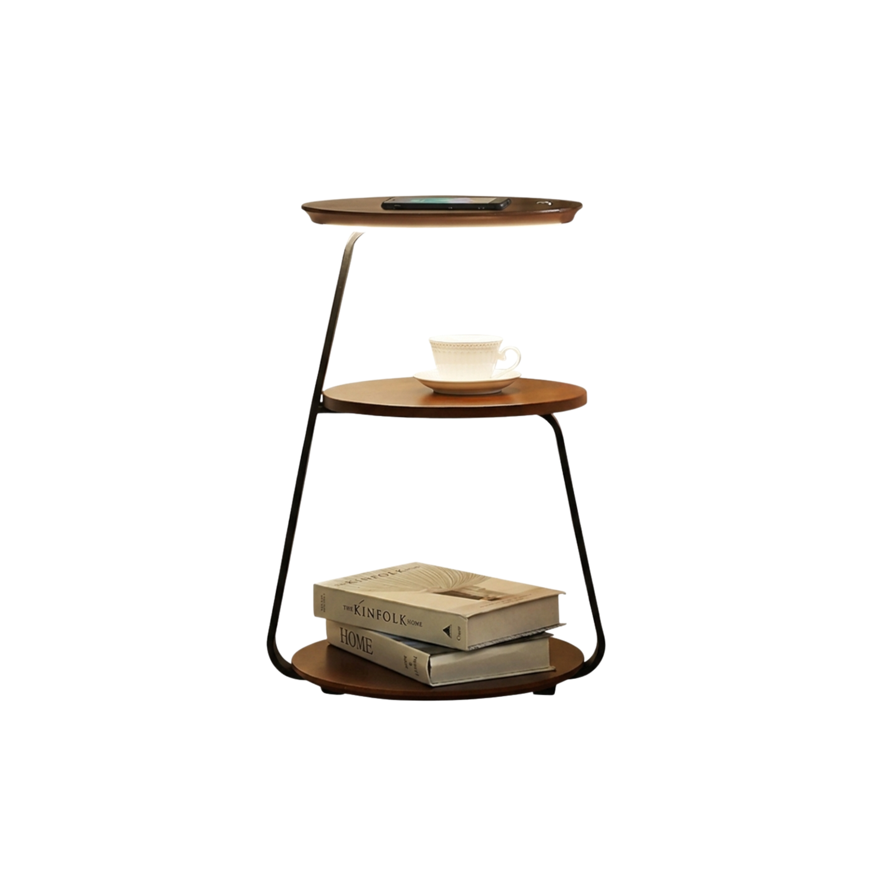 Tavolino a due livelli in noce con luce integrata e ricarica wireless