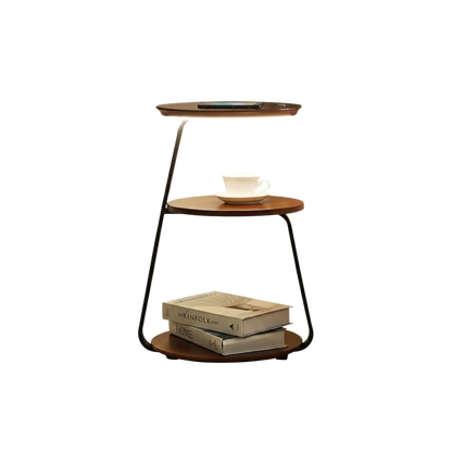 Tavolino a due livelli in noce con luce integrata e ricarica wireless