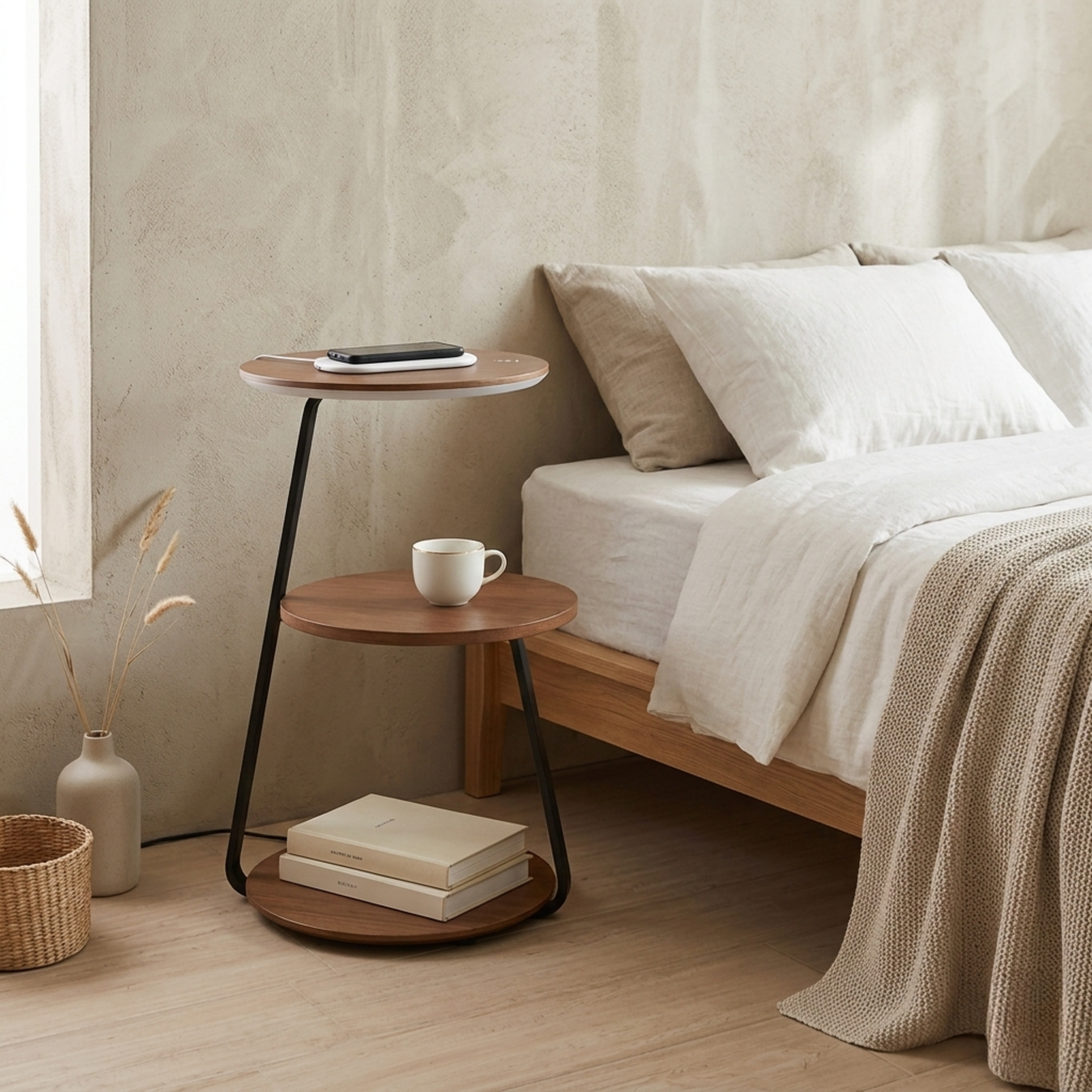Tavolino a due livelli in noce con luce integrata e ricarica wireless