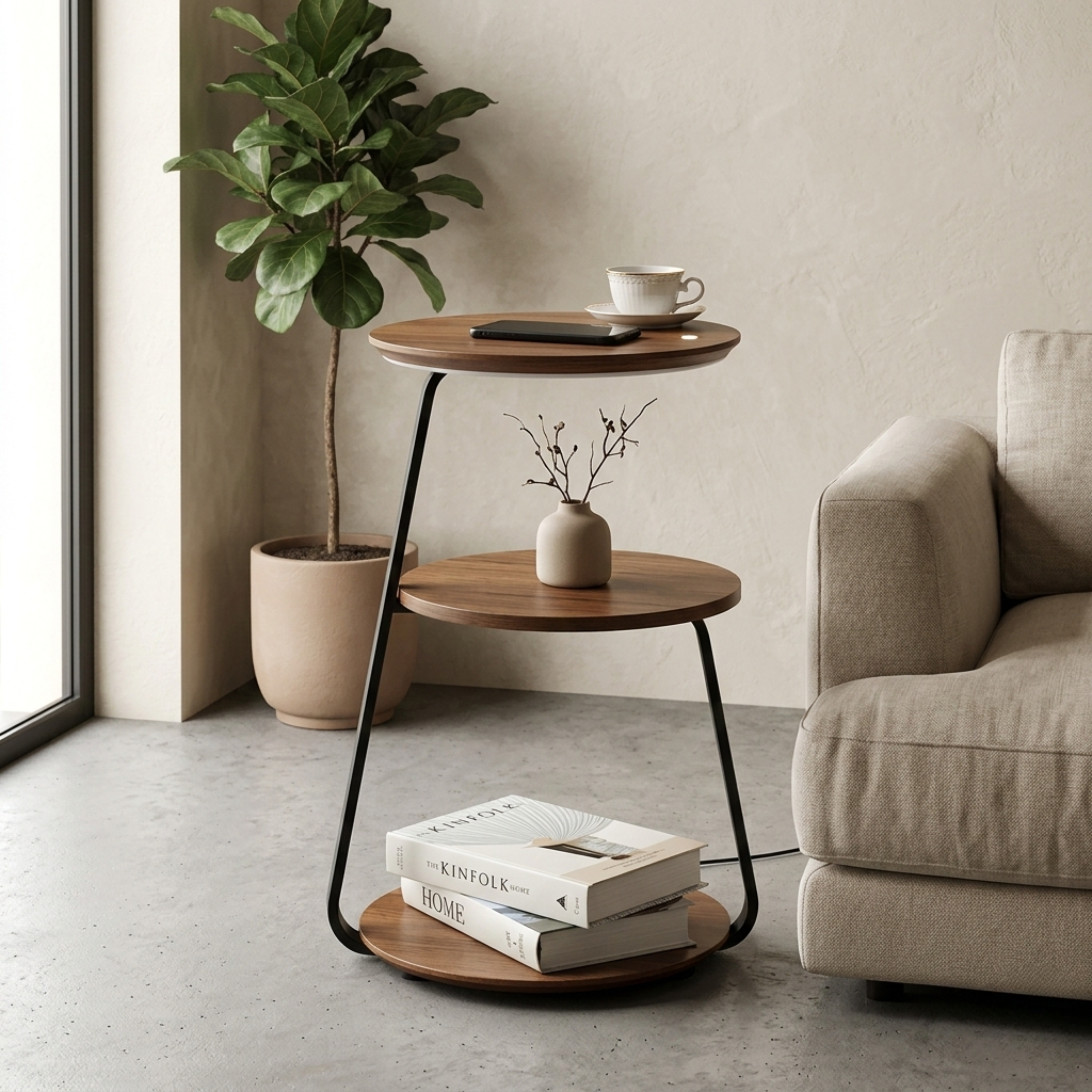 Tavolino a due livelli in noce con luce integrata e ricarica wireless