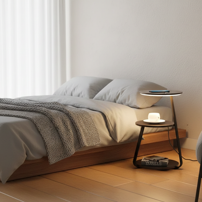 Tavolino moderno a due ripiani con luce LED e struttura in acciaio verniciato