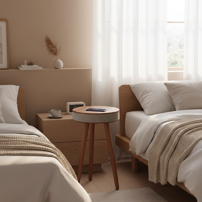 Tavolino rotondo smart con ricarica wireless e altoparlante Bluetooth