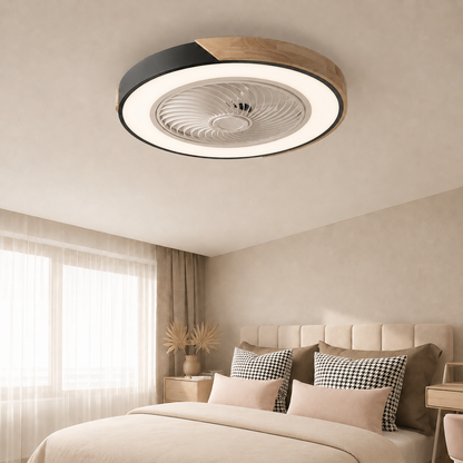Ventilatore da soffitto con luce e bordo in legno, montaggio a plafone