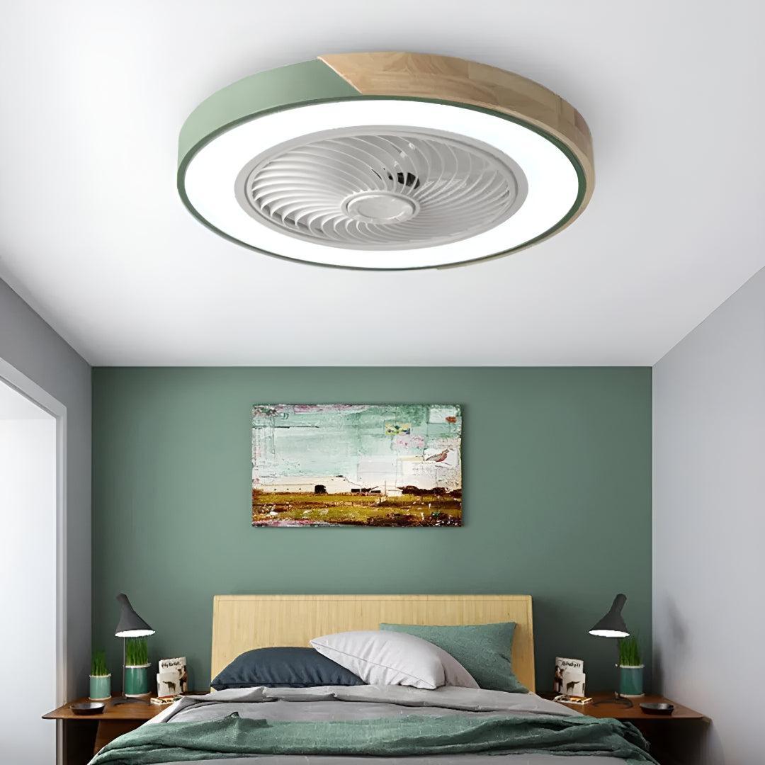 Ventilatore da soffitto con luce e bordo in legno, montaggio a plafone