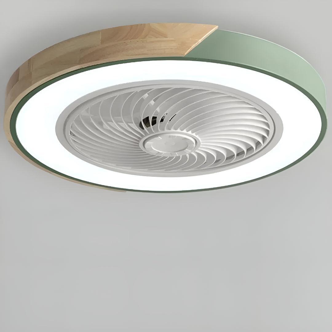 Ventilatore da soffitto con luce e bordo in legno, montaggio a plafone