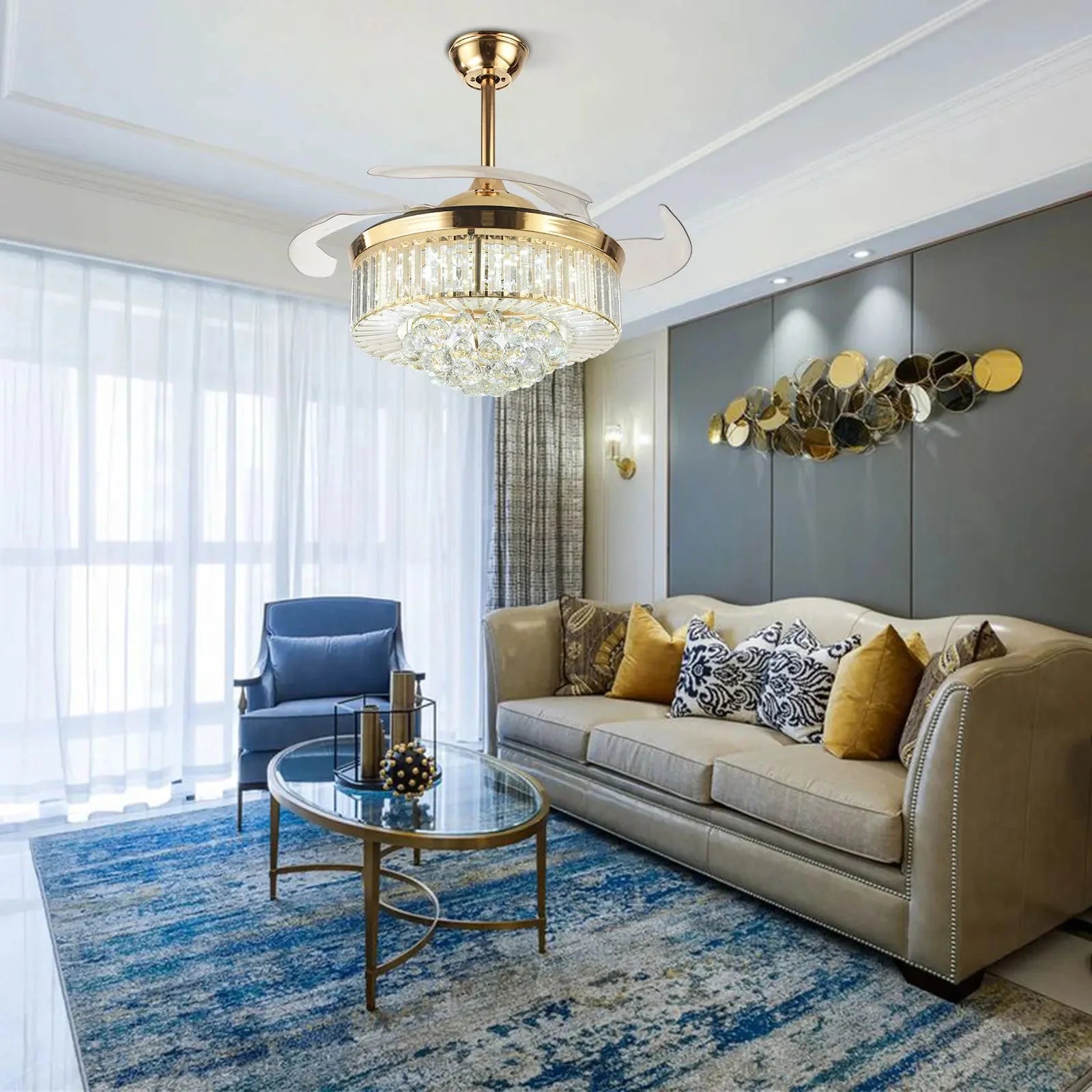 Ventilatore da soffitto con luce Feriya 42" in cristallo - oro e argento